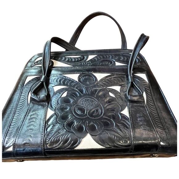 Handmade Hand-tooled Black And White Boho Leather Purse Satchel Floral - Picture 1 of 11
